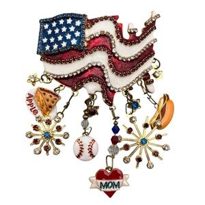 Lunch At The Ritz - “All-American Sparkle” Waving Flag Brooch/Pendant w/Charms